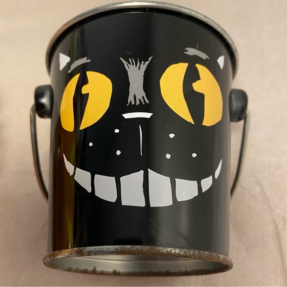 Vintage Halloween Buckets 2 mini pail Black Cat Jack O Lantern pumpkin face 90s - Picture 2 of 16